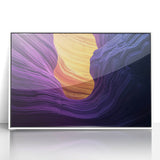 Framed acrylic landscape artwork showcasing vibrant canyons in rich earth tones, set in a sleek white frame, perfect for enhancing modern home decor.