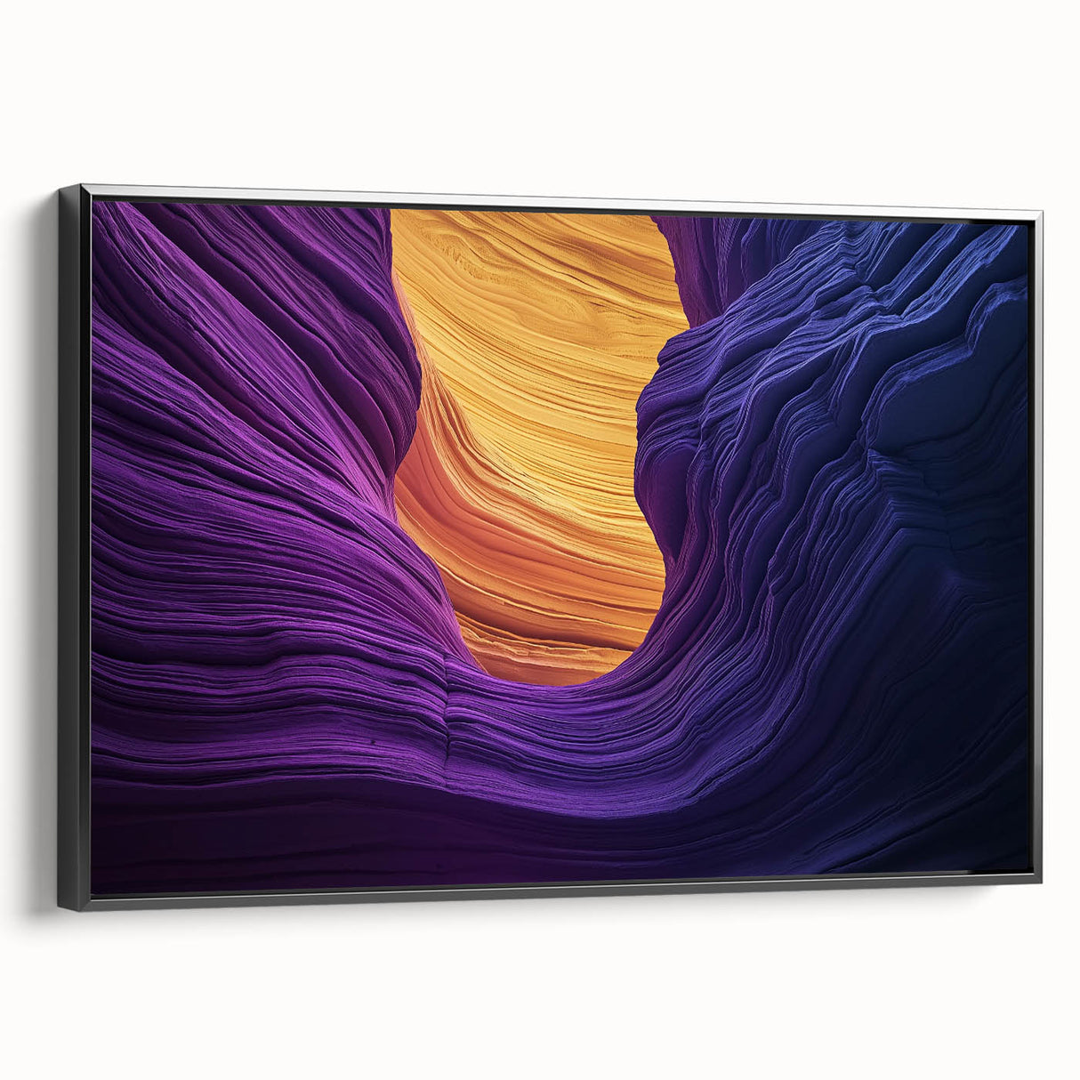 Framed canvas artwork depicting a vibrant landscape of canyons, showcasing rich earth tones and intricate details, with a sleek black frame enhancing its aesthetic appeal. Ideal for home decor and nature-themed interiors.