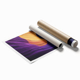 Stunning landscape print depicting colorful canyons in vibrant hues, rolled and packaged securely in a protective cardboard tube, ideal for wall decor.