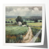 Landscape wall art print showcasing a serene countryside scene with rolling hills, vibrant greenery, and a clear blue sky, presented in a glossy finish for vibrant color enhancement. Perfect for home decor and nature enthusiasts.