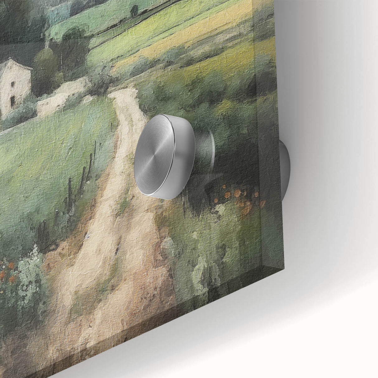 Close-up of a vibrant landscape wall art piece showcasing rolling green hills and a bright blue sky, printed on acrylic glass for a modern decor accent.