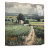 Landscape wall art depicting a serene countryside scene, printed on acrylic glass with a sleek side view, showcasing vibrant colors and intricate details, perfect for home decor.