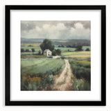 Landscape countryside wall art framed in black with a mat, showcasing serene fields and rolling hills, perfect for home decor and enhancing interior aesthetics.