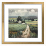 Landscape wall art featuring a serene countryside scene, framed in an elegant gold frame with a white mat, perfect for enhancing home decor aesthetics. Ideal for nature lovers seeking to add a touch of tranquility to their living space.