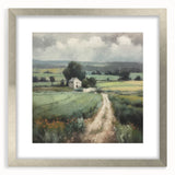 Framed landscape wall art depicting a serene countryside scene, featuring a silver mat and frame, ideal for enhancing home decor with a touch of nature-inspired elegance.