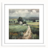 Landscape wall art frame showcasing a serene countryside scene with vibrant greens and a soft blue sky, featuring a white mat and sleek black frame, perfect for home decor.