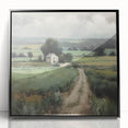 Framed landscape wall art depicting a serene countryside scene with lush greenery and vibrant colors, featuring a sleek black frame for elegant home decor.