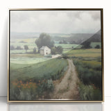 Framed acrylic wall art showcasing a vibrant landscape scene of rolling countryside hills, accented with a gold frame, perfect for home decor.