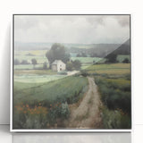 Framed acrylic wall art showcasing a serene landscape of rolling hills and vibrant greenery, presented in a sleek white frame, perfect for home decor.