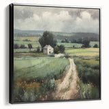 Framed landscape wall art showcasing a serene countryside scene with lush greenery and rolling hills, presented in a sleek black frame, ideal for home decor.