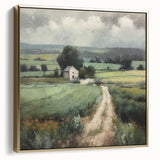 Framed landscape wall art depicting a serene countryside scene with silver and gold accents, ideal for home decor and enhancing interior aesthetics. This artwork adds a touch of elegance to any room while embodying a peaceful natural setting.