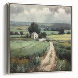 Framed landscape wall art showcasing a serene countryside scene with vibrant green fields and a dramatic sky, accented by a sleek silver frame for modern decor.