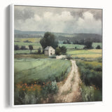 Framed canvas wall art depicting a serene countryside landscape, showcasing lush green fields and a bright blue sky, perfect for home decor.