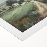 Serene landscape countryside wall art on rolled canvas, showcasing vibrant green fields and a dramatic sky, perfect for enhancing home decor.