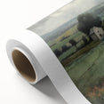 Landscape wall art on rolled canvas showcasing a serene countryside scene with vibrant green fields, a gentle blue sky, and soft white clouds, ideal for home decor.