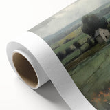 Landscape wall art on rolled canvas showcasing a serene countryside scene with vibrant green fields, a gentle blue sky, and soft white clouds, ideal for home decor.