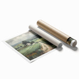 Landscape countryside wall art print on rolled canvas, showcasing vibrant green fields and a serene blue sky, ideal for home decor or office spaces.