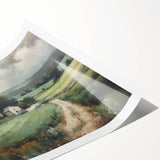 Rolled landscape wall art print depicting a serene countryside scene with vibrant green fields and a blue sky, packaged securely in a cardboard tube for delivery.