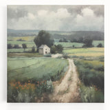 Landscape canvas wall art depicting a serene countryside scene with rolling hills, vibrant greenery, and a clear blue sky, ideal for home decor.