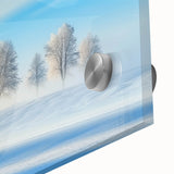 Close-up of a vibrant acrylic landscape painting depicting a serene countryside scene, featuring lush green fields and a clear blue sky, ideal for home decor.