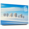 Acrylic glass landscape art piece showcasing a vibrant countryside scene with rich green fields and a serene blue sky, displayed at an angle with decorative pins.