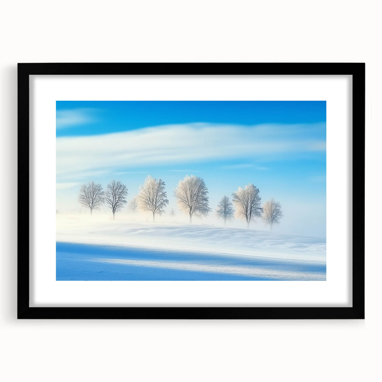 Black-framed landscape artwork displaying a serene countryside scene, featuring lush green fields and a vibrant sky, perfect for home decor.