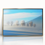 Framed acrylic landscape artwork depicting a serene countryside scene with vibrant green fields and a clear blue sky, elegantly showcased in gold framing, perfect for home decor.