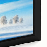 Close-up of a framed canvas depicting a serene countryside landscape, showcasing vibrant green fields and a blue sky, perfect for home decor or art enthusiasts.