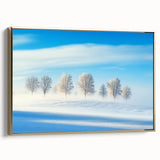 Framed canvas artwork showcasing a picturesque countryside landscape, featuring vibrant greens and blues, elegantly bordered in gold, perfect for home decor.