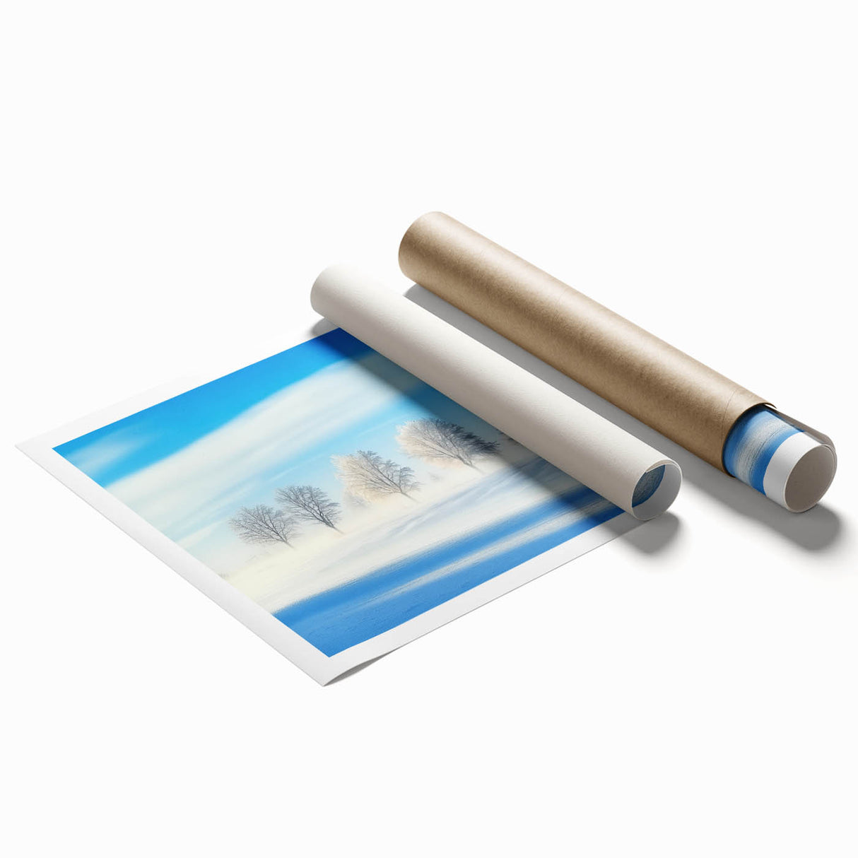 Vibrant rolled print showcasing a serene countryside landscape, featuring rolling hills, lush greenery, and a clear blue sky, ideal for home decor.