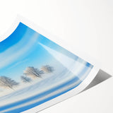 Rolled print showcasing a vibrant countryside landscape with lush green fields and a serene sky, elegantly packaged in a protective cardboard tube for easy transport.