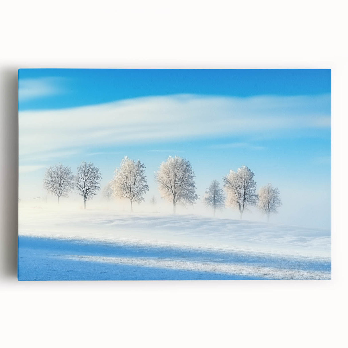 Stretched canvas artwork depicting a serene countryside landscape with rolling hills, vibrant green fields, and a clear blue sky, ideal for home decor.
