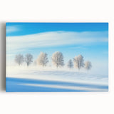 Stretched canvas artwork depicting a serene countryside landscape with rolling hills, vibrant green fields, and a clear blue sky, ideal for home decor.