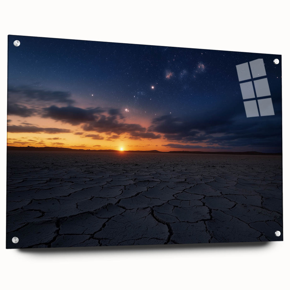 Acrylic glass artwork depicting a vibrant desert landscape with striking colors and intricate details, featuring pins for easy display, ideal for modern decor.
