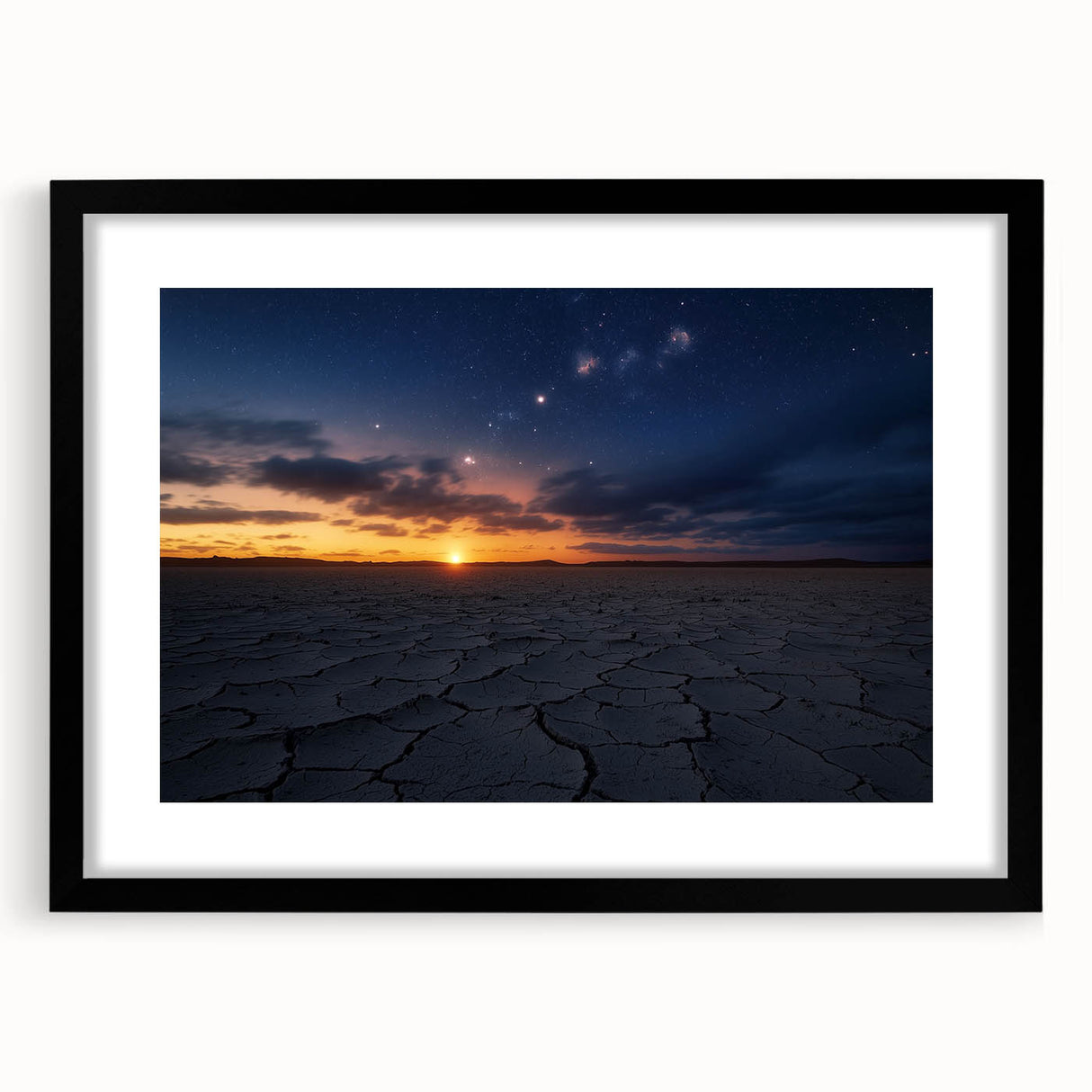 Black-framed landscape artwork depicting a serene desert scene, featuring warm earthy tones and a white matting, ideal for home decor or office spaces.