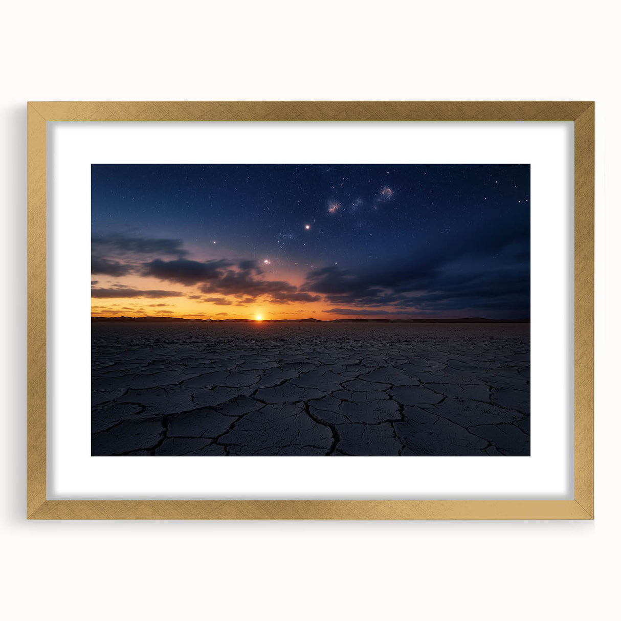 Desert landscape framed art with a gold mat, showcasing warm earthy tones and intricate details, perfect for enhancing home decor and modern interiors.