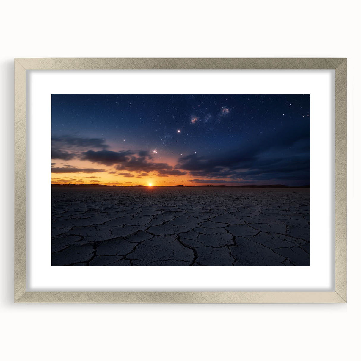 Silver-framed landscape artwork showcasing a vibrant desert scene with striking colors and textures, elegantly matted for enhanced presentation, perfect for home decor.