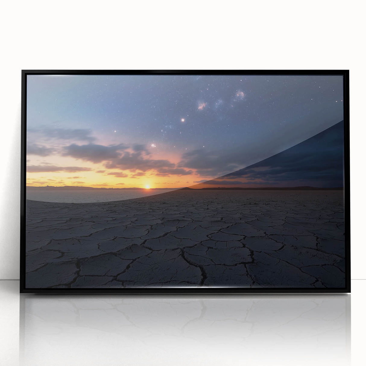 Framed acrylic artwork showcasing a vibrant desert landscape with striking colors and details, elegantly presented in a sleek black frame, ideal for home decor.