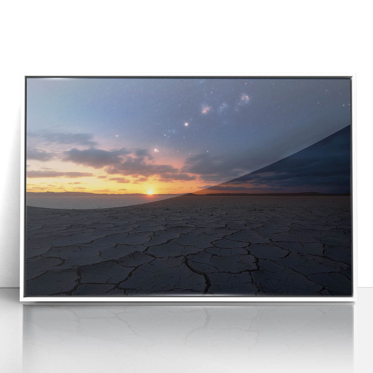 Desert landscape artwork in a sleek white frame, showcasing vibrant colors and intricate details, perfect for modern home decor or office spaces.