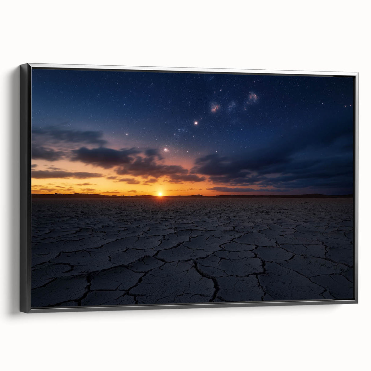 Framed canvas artwork depicting a serene desert landscape, featuring warm tones of orange and yellow with intricate details, showcased from a black side view.