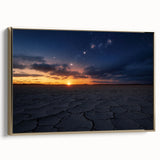 Framed canvas art depicting a serene desert landscape, highlighted by golden hues and subtle textures, perfect for modern home decor and interior styling.