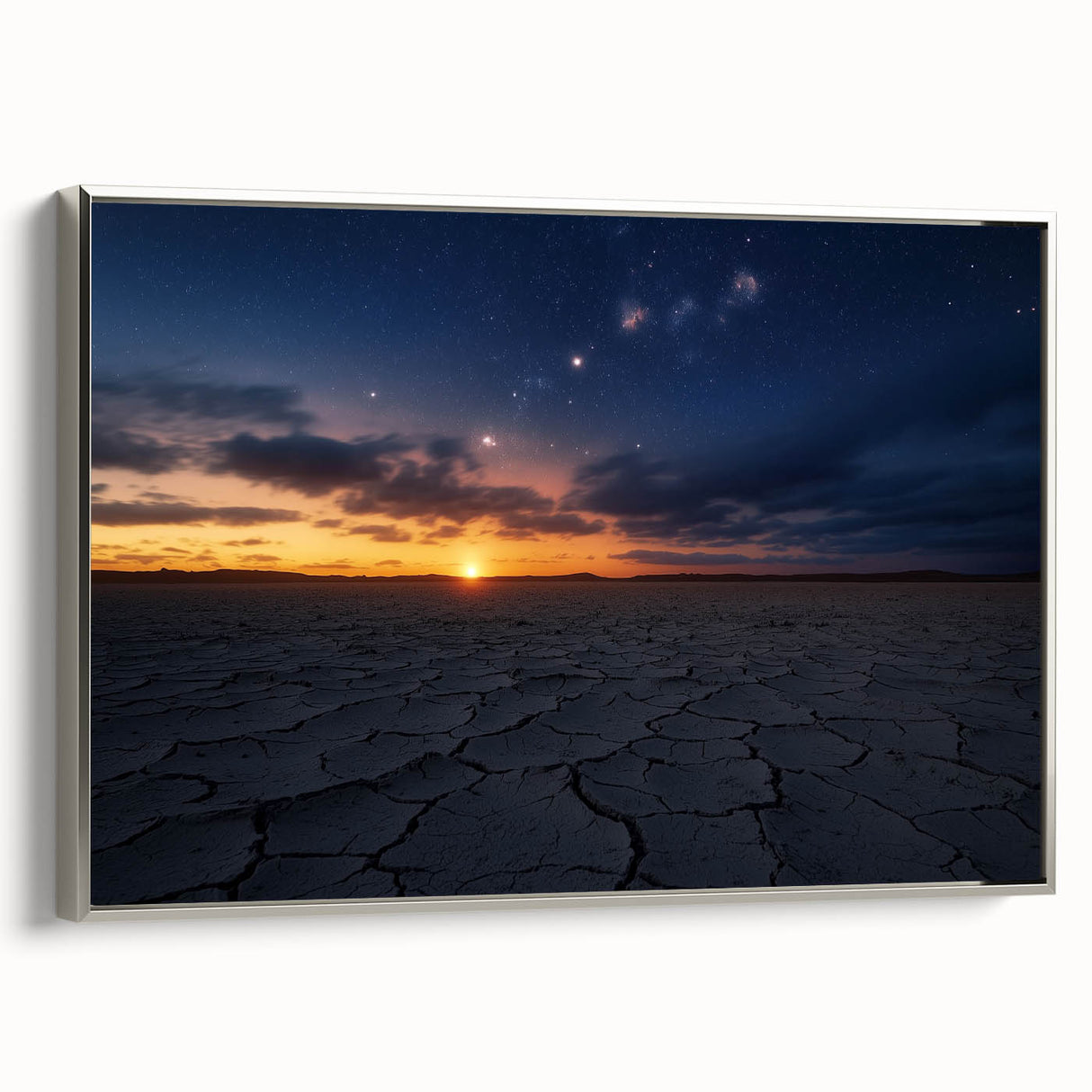 Framed canvas artwork depicting a serene desert landscape with vibrant colors and intricate details, presented in a sleek silver frame, perfect for home decor.
