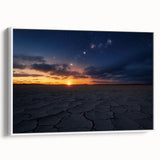 Framed canvas artwork showcasing a stunning desert landscape with vibrant hues of orange and blue, perfect for enhancing modern home decor. The piece features a sleek white frame, adding elegance to any setting.