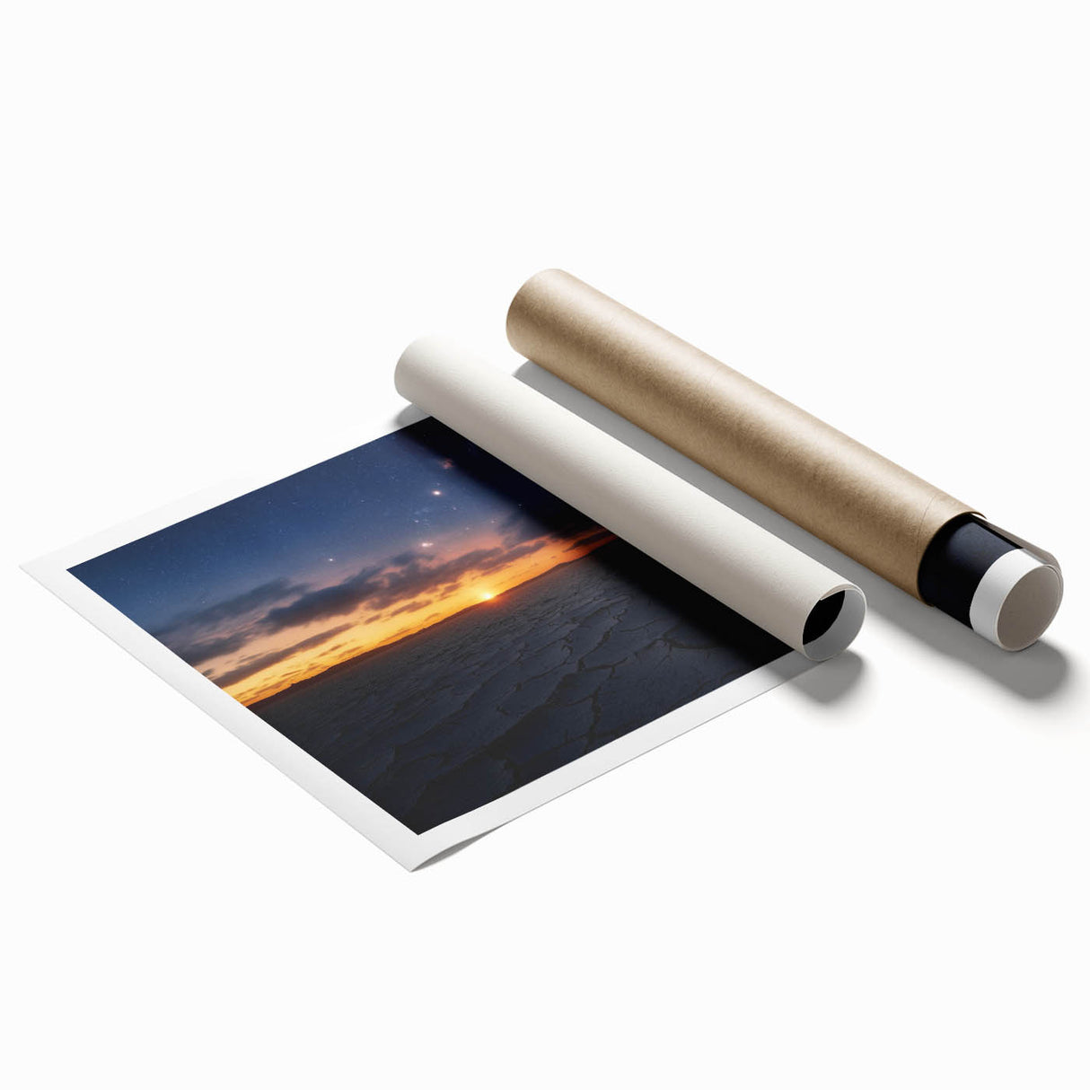 Desert landscape rolled canvas print showcasing vibrant hues of orange and yellow, highlighting sunlit dunes under a clear blue sky, perfect for modern home decor.