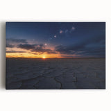 Stretched canvas artwork depicting a vibrant desert landscape with warm hues of orange and yellow, perfect for home decor or office ambiance.