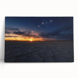 Desert landscape stretched canvas art piece with warm hues of orange and brown, showcasing vibrant sunset tones and rugged terrain, perfect for modern home decor.