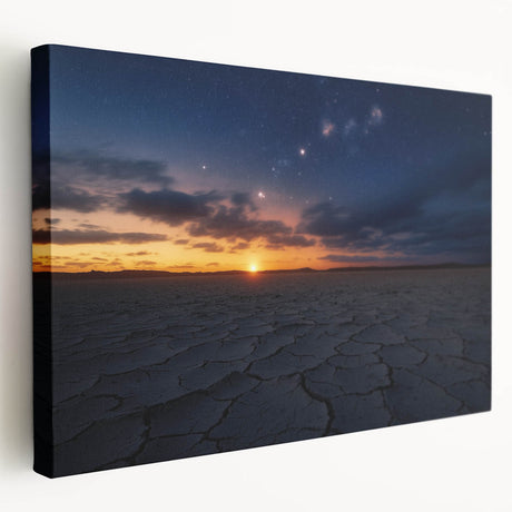 Stretched canvas artwork depicting a vibrant desert landscape, showcasing warm hues of orange and yellow with detailed cacti and mountains, perfect for home decor.