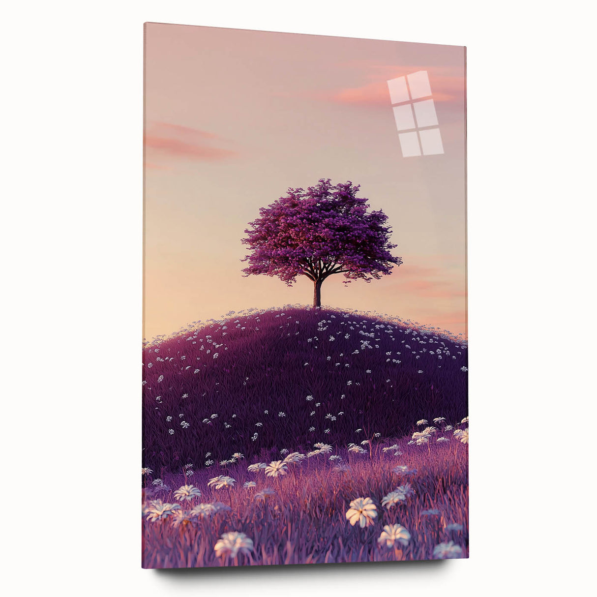 Acrylic glass display of a vibrant landscape showcasing rolling green fields under a clear blue sky, ideal for modern home decor or office spaces.
