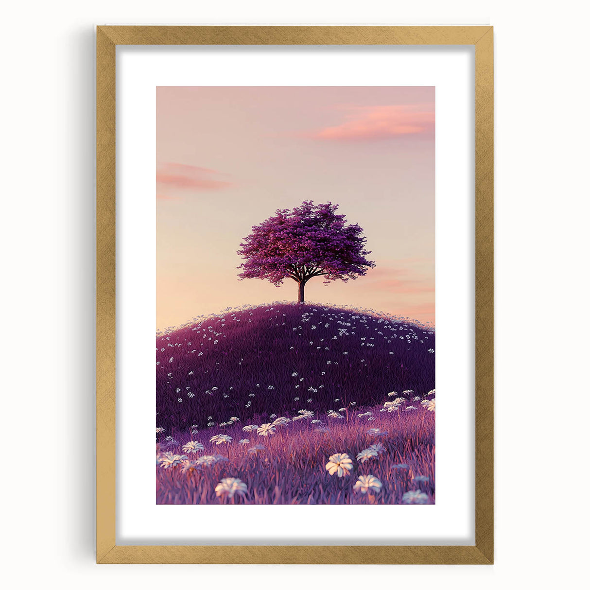 Elegant gold-framed landscape artwork featuring vibrant fields, complemented by a white mat, ideal for enhancing home decor and adding a touch of sophistication.