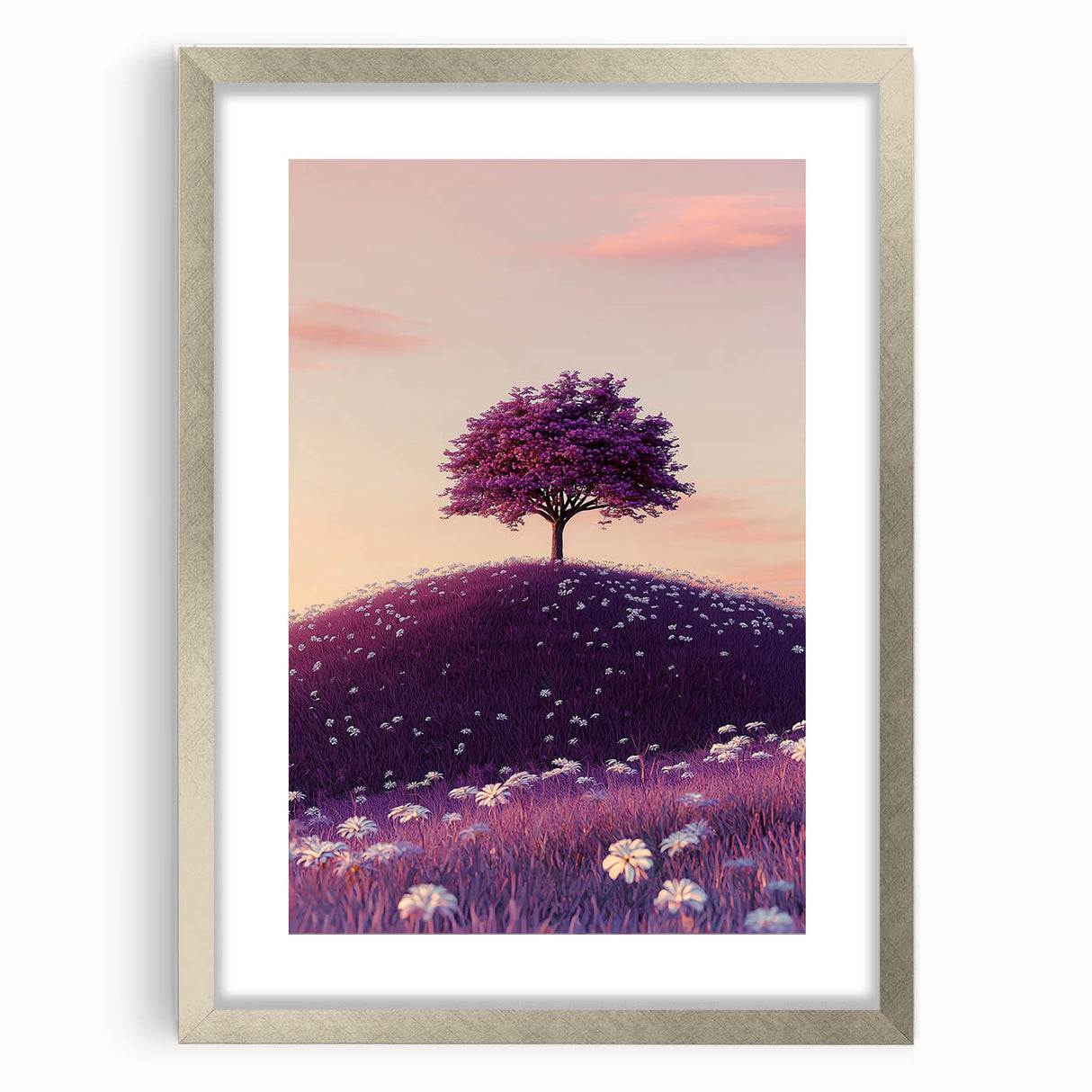 Silver-framed landscape artwork featuring a serene field scene with a matting accent, displayed in a front view to highlight its elegant design and craftsmanship.
